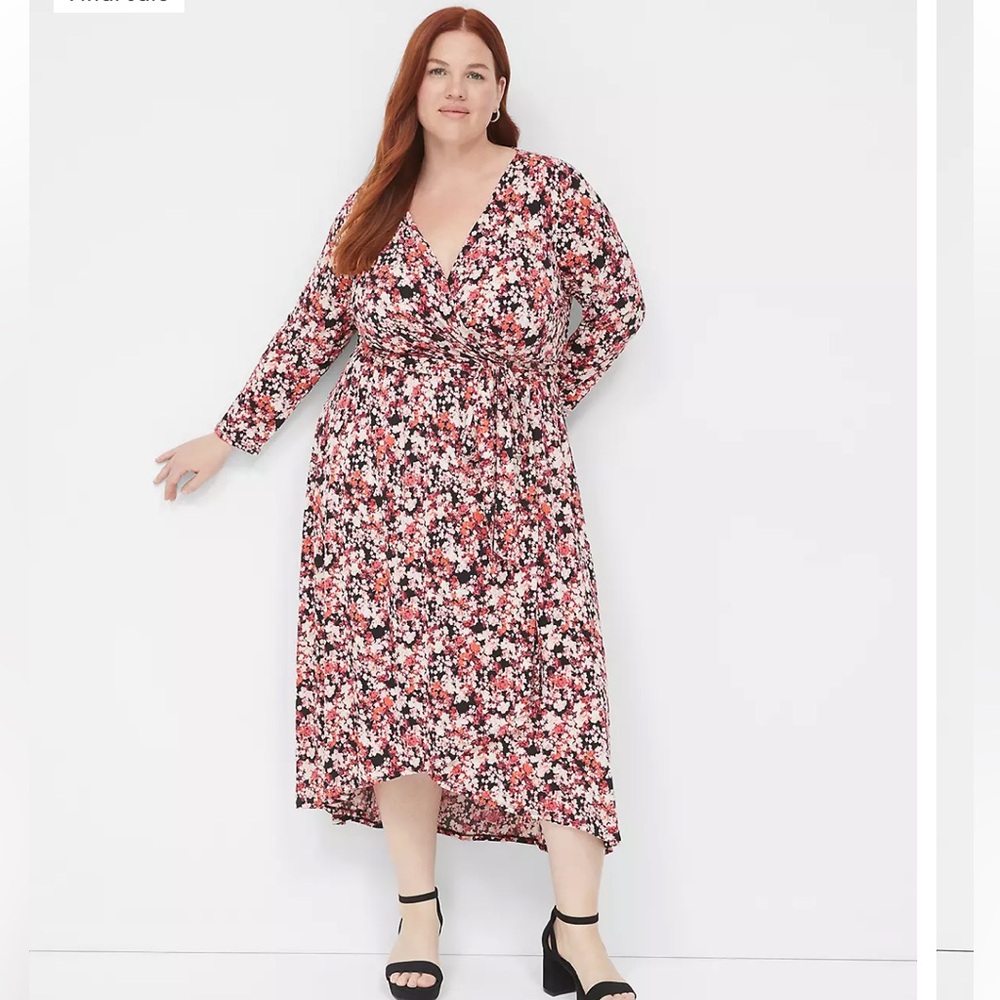 Lane Bryant Pink and Black Floral faux wrap Dress 22/24 petite plus size
